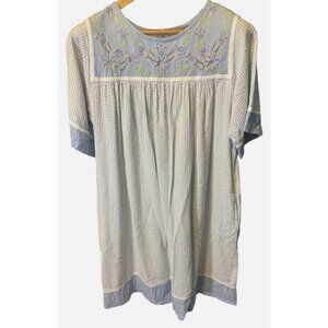 Vintage Blue White Embroidered Floral Cotton Nightgown Short Sleeve Size M